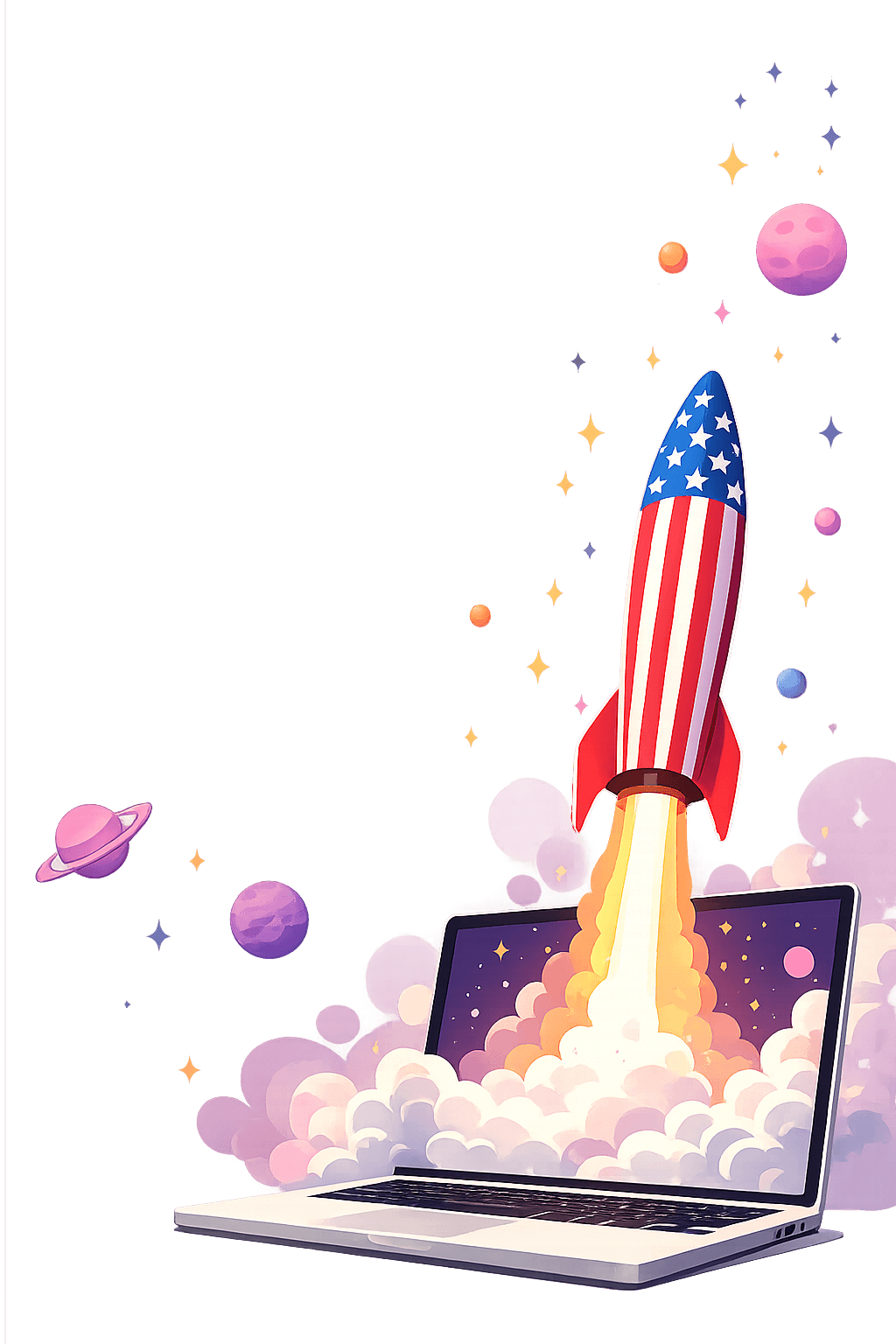 Rocket launching from the American flag with a laptop — build your business in the USA